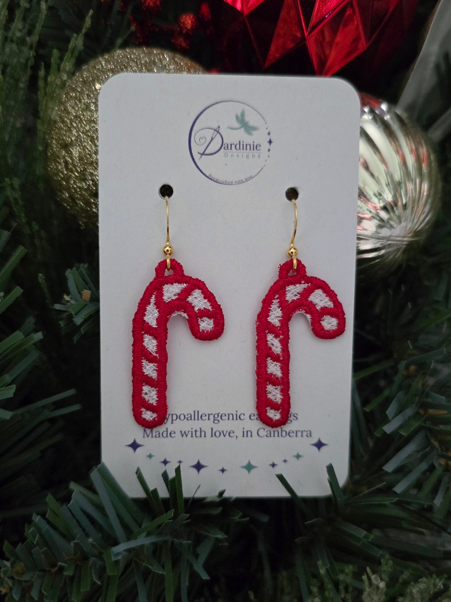 Candy Cane Lightweight Embroidered Earrings with Hypoallergenic hooks