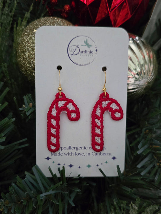 Candy Cane Lightweight Embroidered Earrings with Hypoallergenic hooks